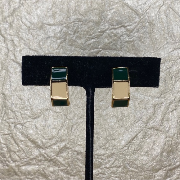 Vintage Green & Cream Enamel Clip On Earrings - Picture 1 of 6